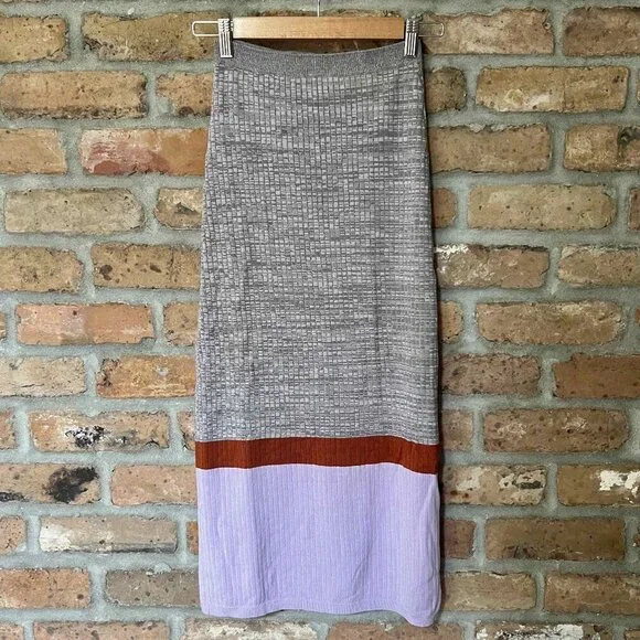 Free People Colorblock Midi Knit Ribbed Skirt Size Small Slit Pull On Boho Chic - Picture 2 of 10